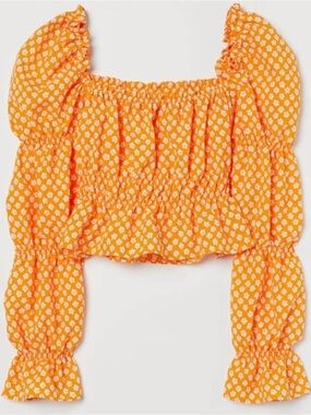 DIVIDED By H&M Orange Floral Print Cropped Long Sleeve Puff-sleeved Top Size S